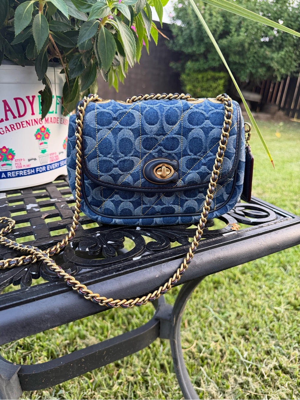 Coach Madison Signature Quilted Denim Chain Shoulder Bag Blue EUC
